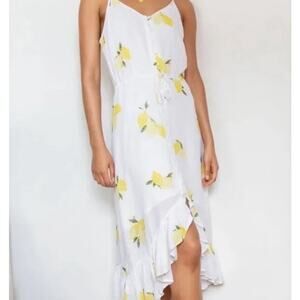 Rails Frida Lemon Print White Midi Ruffle Dress Linen Blend Size S